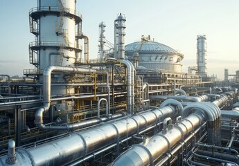 The exterior of a futuristic chemical factory with pipes and storage tanks under a clear sky