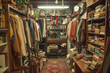 Fototapeta premium European secondhand. Store with clothes and books organized on shelves for customers