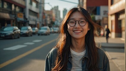 Fototapeta premium Smiling happy young student Asian woman in glasses in the city center with flowing hair and in the sunlight. Portrait, glasses for vision, optics. 