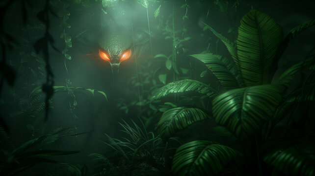 Gro&szlig;e orange leuchtende Augen von einem gr&uuml;nen Alien-Kopf, der sich im Nebel in einem Bl&auml;tterwald versteckt