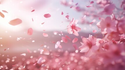 Delicate Pink Cherry Blossoms Falling in the Wind During a Sunny Spring Day
