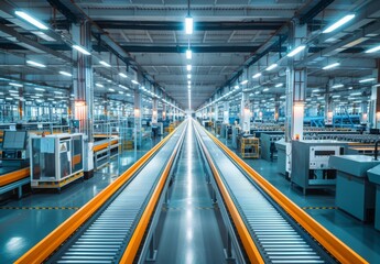 Fototapeta premium The interior of a modern electronics manufacturing facility with conveyor belts and machinery