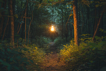 Obraz premium A single light bulb hanging in a forest, illuminating a path