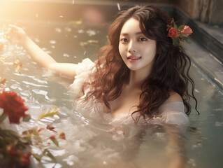 Beautiful Woman Relaxing in a Floral Bath with Warm Lighting
