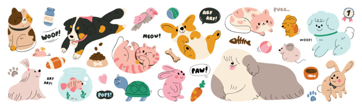 Cute pet doodle vector set. Cartoon animals characters design collection with dog, cat, bird, fish, rabbit, rat, turtle in different poses. Set of funny pet animals isolated on white background.