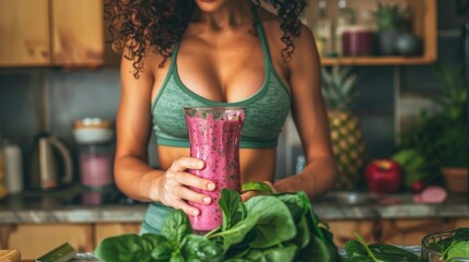 A woman in a fitness outfit holding a blender in a kitchen, smiling