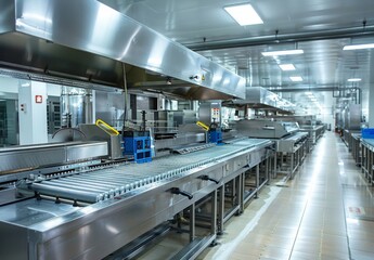 Obraz premium A clean and organized food processing plant with stainless steel equipment and production line