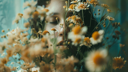 A woman with her eyes closed, looking through a window, radiating a sense of calm and introspection.