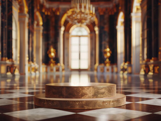 Obraz premium Elegant Velvet Podium, front view focus, with a Royal Palace Ballroom Background