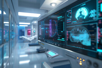 Obraz premium Medical technology hospital setting showcasing use computer technologies for treatment. Concept Hospital Technologies