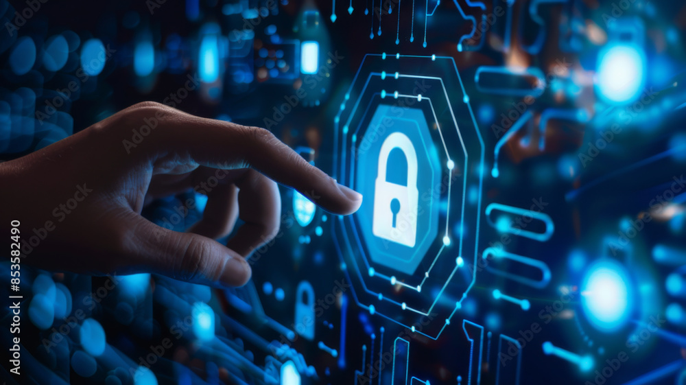 Poster business hand clicks virtual screen to ​the icon security on the virtual display to data protection 