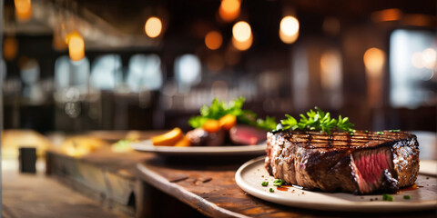 Photography of a steak in rusty restaurant.