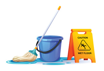 Illustration of a mop, bucket, and caution wet floor sign. Cleaning equipment vector isolated on white background © YG Studio