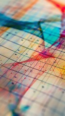 Naklejka premium Vibrant abstract art featuring colorful lines and geometric patterns on a grid background, perfect for creative and modern projects.