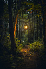 Obraz premium A single light bulb hanging in a forest, illuminating a path