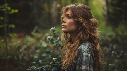 A woman wearing a plaid shirt, her long hair cascading down, standing in a forest adorned with vibrant flowers.