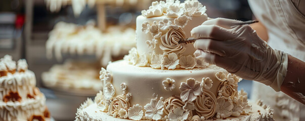A baker decorating a wedding cake with intricate designs and delicate sugar flowers, creating a masterpiece for a special occasion.