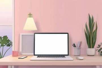A clean and minimal workspace with a laptop, lamp, and plants. The perfect place to work on your next project.