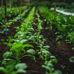 Obraz premium Healthy green crops growing in rows on a farm
