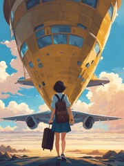 Illustration of a girl who loves traveling, carrying a suitcase, reading a travel guide in anime, watercolor and cartoon style.