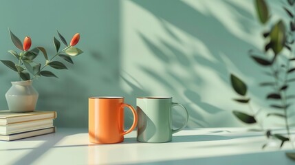Generate a photo of two coffee mugs on a table