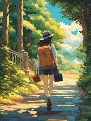 Illustration of a girl who loves traveling, carrying a suitcase, reading a travel guide in anime, watercolor and cartoon style.