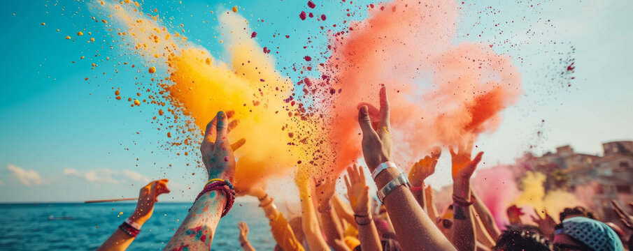 A Hindu Holi festival with people throwing colored powder and water at each other, celebrating the triumph of good over evil and the arrival of spring.