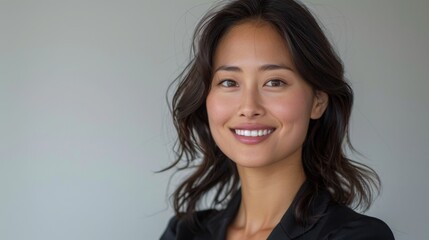 Naklejka premium Confident professional woman smiling at camera, close-up portrait on white background, captured in high-definition with Fujifilm quality.