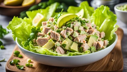 Tuna salad with avocado, celery, spring onion and iceberg lettuce. Tasty healthy food
