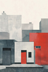 A simple, minimalist cityscape with flat, geometric buildings. In the middle of the city, a single door stands out, perhaps in a different color, emphasizing its significance amidst the uniformity 