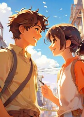 an Indian boy and girl discussing with each other while smiling kindly in a city with anime and cartoon style