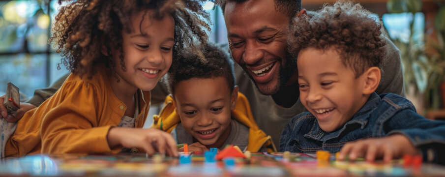 A family hosting a themed game night with board games and card games from different cultures and time periods.