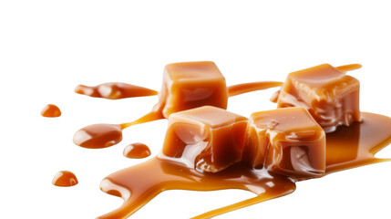 Caramel , candies and sauce on white background
