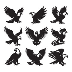 vector Bald Eagle set silhouette black in white background