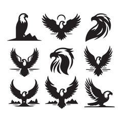 vector Bald Eagle set silhouette black in white background