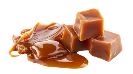 Caramel , candies and sauce on white background