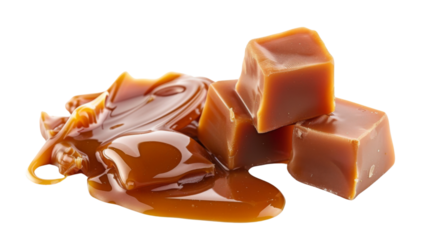 Caramel , candies and sauce on white background