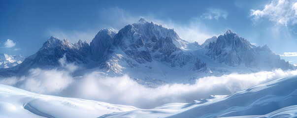 A majestic mountain range covered in snow, with jagged peaks piercing the clouds and creating a dramatic silhouette against the sky.