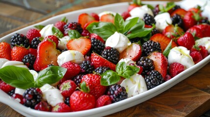 Berry Caprese Salad. Fresh fruit salad with strawberries, blackberries, tomatoes, mozzarella