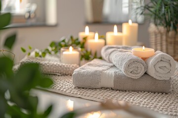 minimalist photo of spa setting with towels and candles, greenery in the background