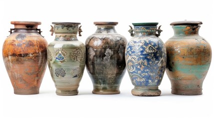 Vintage Chinese wine jars lined up in a row on white background