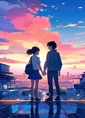 illustration of a boy falling in love with a girl. cartoon and anime style