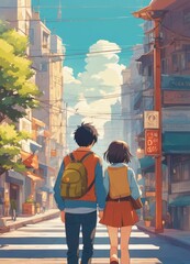 illustration of a boy falling in love with a girl. cartoon and anime style