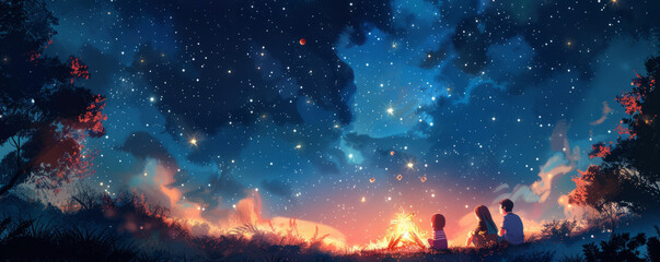 A family gathered around a crackling campfire, roasting marshmallows and sharing stories under a starry sky.