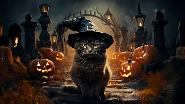 Video of Halloween black cat wearing a witch's hat sits in front of a pile of pumpkins. The scene is set in a forest, with the cat looking at the camera.