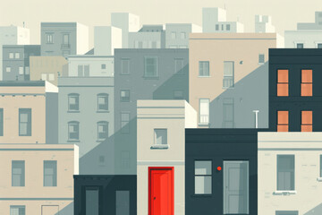 A simple, minimalist cityscape with flat, geometric buildings. In the middle of the city, a single door stands out, perhaps in a different color, emphasizing its significance amidst the uniformity 
