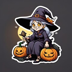 Witch sitting on pumpkin holding broom under full moon