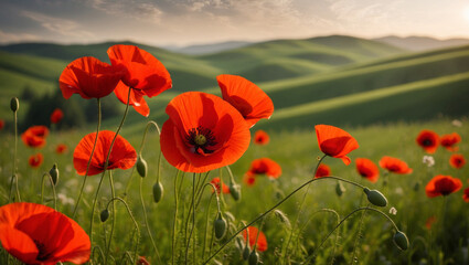 Field of red poppies in meadow.