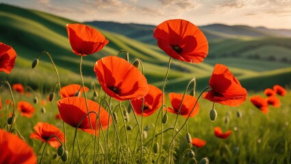 Obraz premium Field of red poppies in meadow.