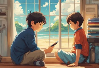 illustration of 2 school children in cartoon and anime style